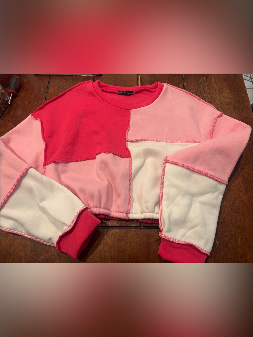 SHEIN Pink & Red Patchwork Cropped Sweatshirt